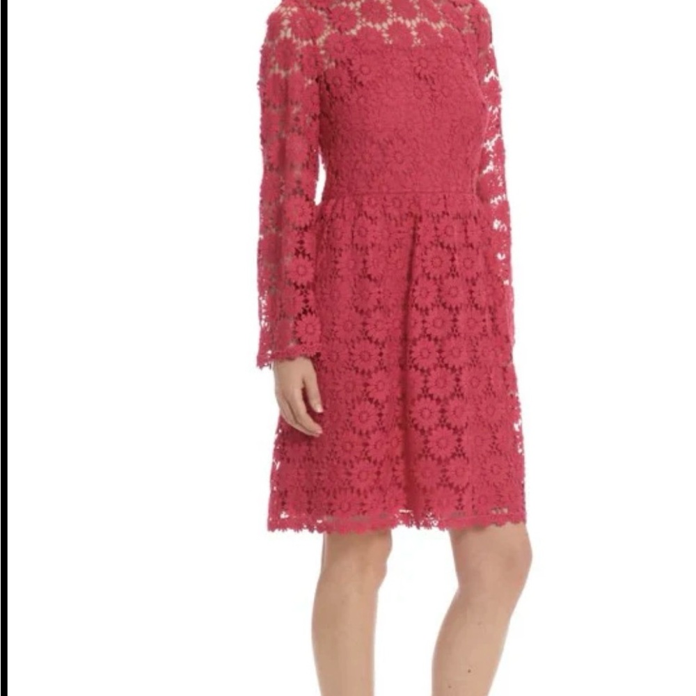 Donna Morgan Fuchsia Crochet Lace Pattern Bell Sleeve Dress with Underlay Sz 10